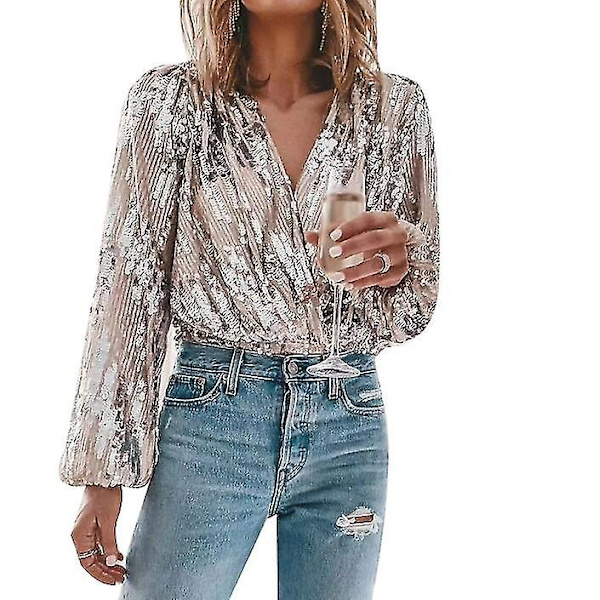 Kvinnors Sequin Sparkle V-ringad långärmad skjorta för fest - WELLNGS gold L