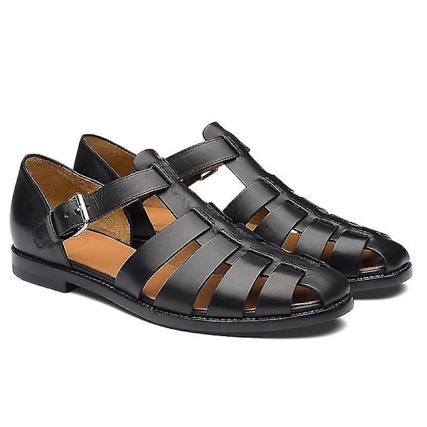 Bebetter Herre Sports Sandaler Lukket Tå Udendørs Håndlavede Lædersandal - WELLNGS Black 48