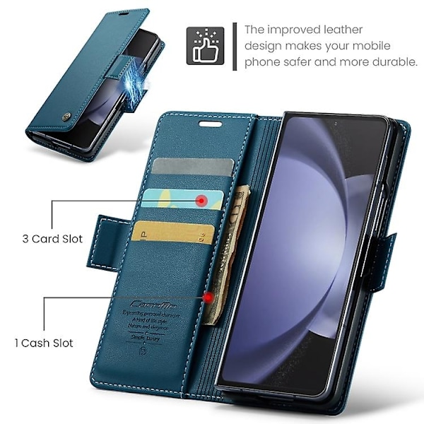 For Samsung Galaxy Z Fold5 CaseMe 023 Sommerfuglspenne Lychee Korn RFID Tyverisikkert Lær Telefondeksel - WELLNGS Blue