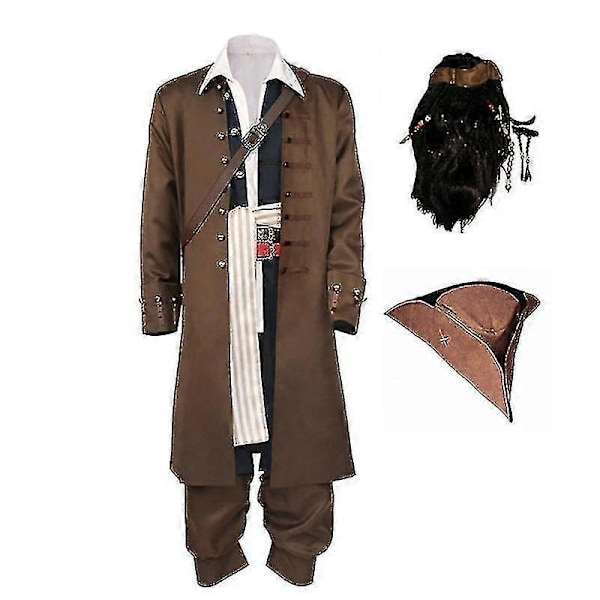 Cosdaddy Captain Jack Sparrow Cosplay Kostym Jacka Hatt Peruk Set Halloween Karneval Kostym - WELLNGS T1 XL