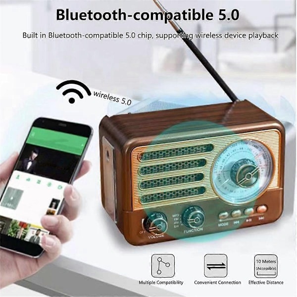 Bärbar Retro Radio Vintage Bluetooth Högtalare FM/AM Radio Mottagare med LED Ficklampa, Stöder TF-WELLNGS