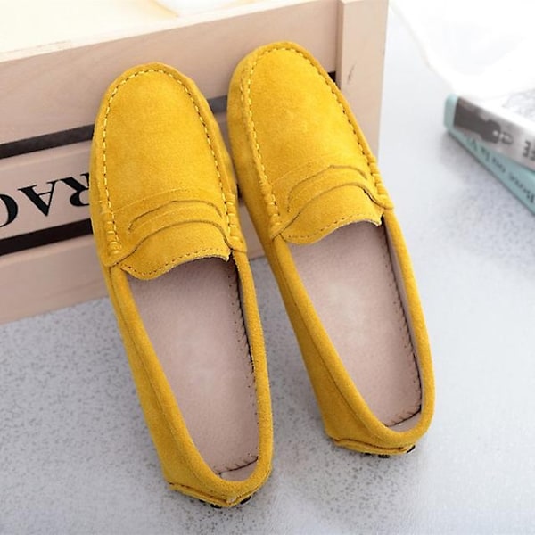 Damskor 2023 Äkta Läder Dam Platta Skor Casual Loafers Slip On Damskor Flats Skor Moccasins Lady Driving Shoes-WELLNGS Yellow 9