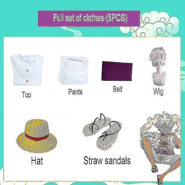 Anime Olkipoika Luffy Cosplay-asu Gear 5 Nika Luffy Cosplay-vaatteet Kimono-setti Joulu Hal-WELLNGS Clothes 5PCS and Wig L