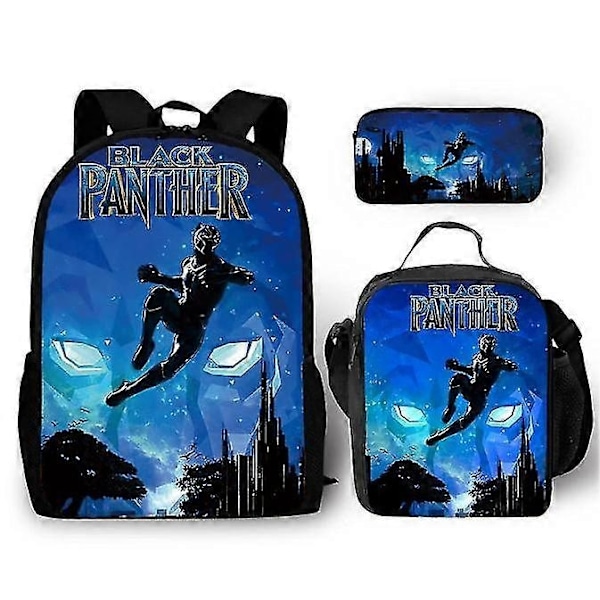 Set med 16 tum 3D-tryckt Black Panther Ryggsäck för Barn Pojkar Flickor Barn Cartoon Ryggsäck + Lunchväska + Pennfodral - WELLNGS T2