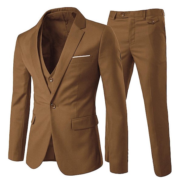 Yunclos Herre 3-delt Elegant Gentleman Business Slim Fit Dresssett - WELLNGS Brown L