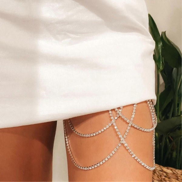 Lårkedja med Flera Lager av Strass, Sexy Glansig Benkedja för Kvinnor, Lämplig för Klubbar - WELLNGS Silver