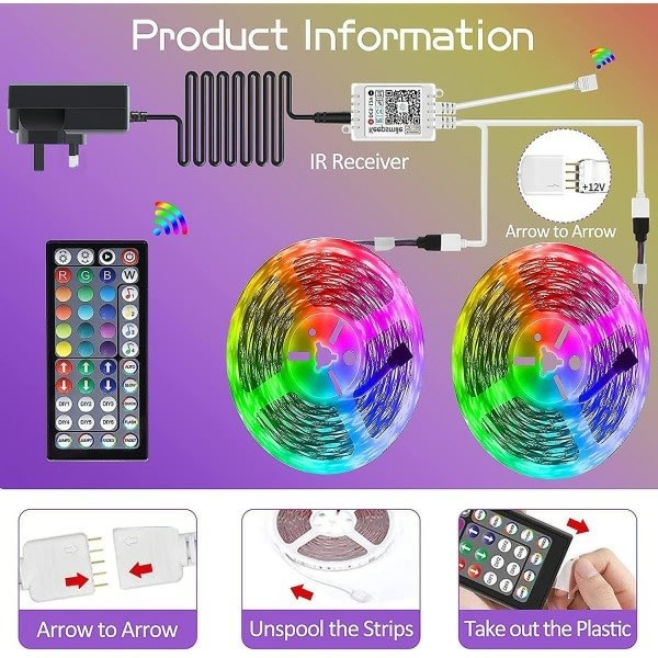 20m LED-valot Bluetooth Rgb-valot LED-nauhavalot - WELLNGS