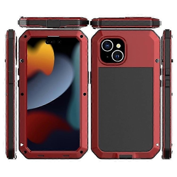 Kompatibel med Iphone 15 Stöttåligt Liv Vattentätt Dammtätt Metall + Silikon Mobiltelefonfodral-WELLNGS Red 15 Pro