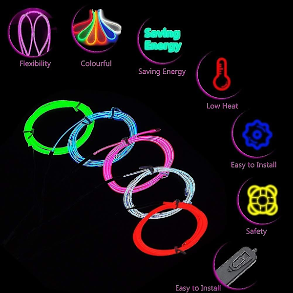 Fleksibel Neon Strobe Elektroluminescent Linje EL Lys Linjesæt (fem farver) - WELLNGS colorful