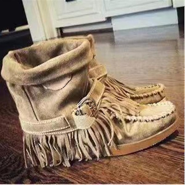 Naisten mokkanahkasaappaat hapsulla, ylelliset vintage-mattakengät, liukumattomat kengät, muodikkaat - WELLNGS Khaki 40