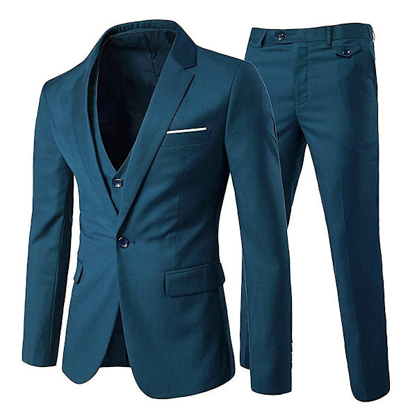 Allthemen Herresæt 3-delt Business Solid Slim Fit Jakkesæt&amp;Bukser&amp;Vest-WELLNGS Sea Blue M