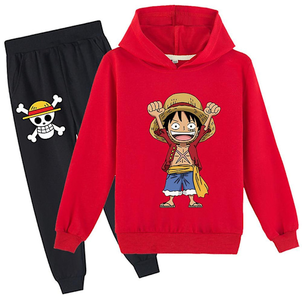 One Piece Monkey D. Luffy Trykt Treningsdress Sett Barn Genser Hoodie Hetteskjorte Topper Joggebukse Antrekk-WELLNGS Red 8-9 Years