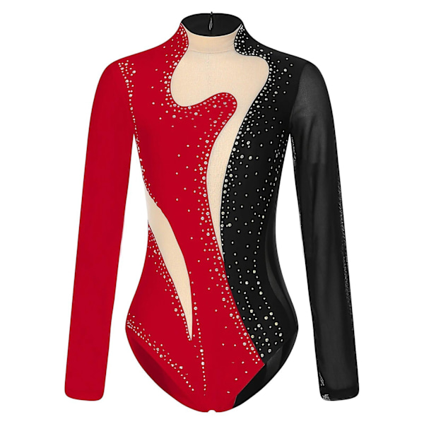 Kvinners skinnende metalliske ballettdans leotard voksne gymnastikk body lang ermet lappeteppe akrobatikk kunstløp jumpsuit-WELLNGS BlackRed B L