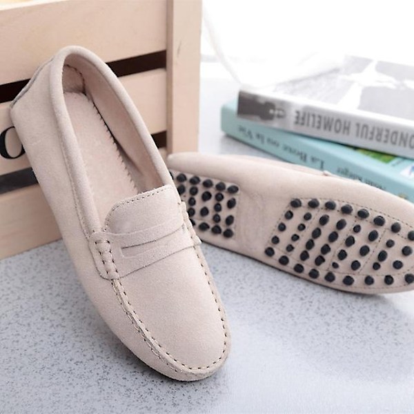 Dame Sko 2023 Ekte Lær Dame Flate Sko Casual Loafers Slip On Dame Flats Sko Moccasins Dame Kjøresko-WELLNGS Sand 8