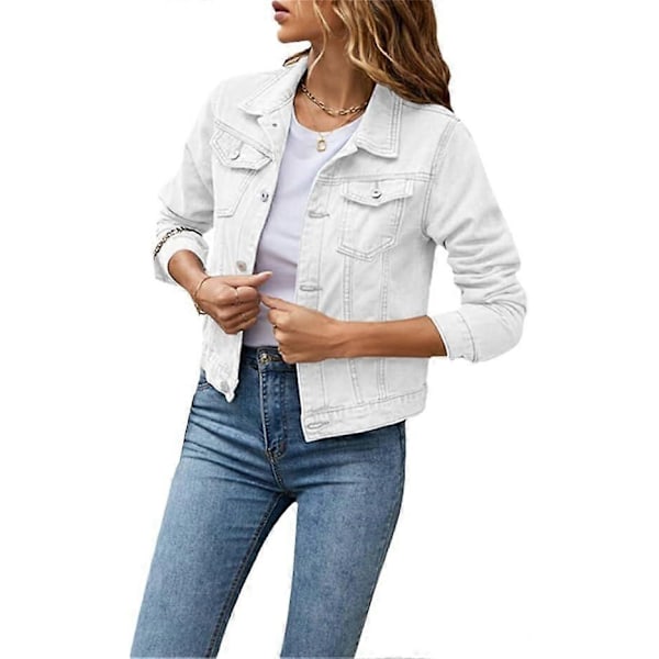 Dame Denimjakke Casual Lang Erme Krage Solid Farge Knapp Lomme Slank Passform Denimjakke Vår Høstjakke med Lommer - WELLNGS white M