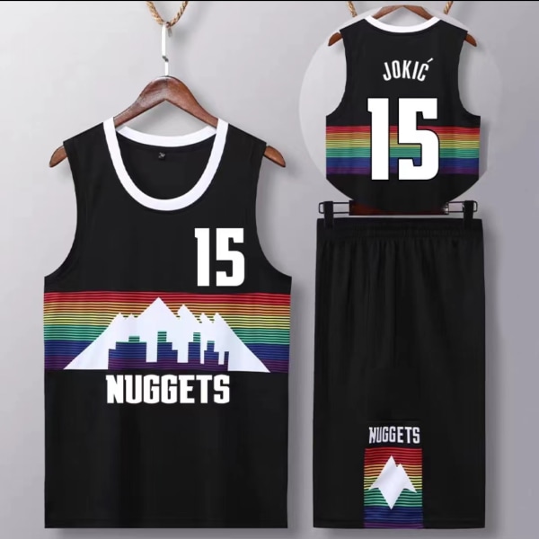 Sportsklær Nikola Jokic Denver Nuggets Basketballdrakt 15 Voksen Basketballdrakt Fotballdrakter City Black-WELLNGS City Black M（155-159cm）