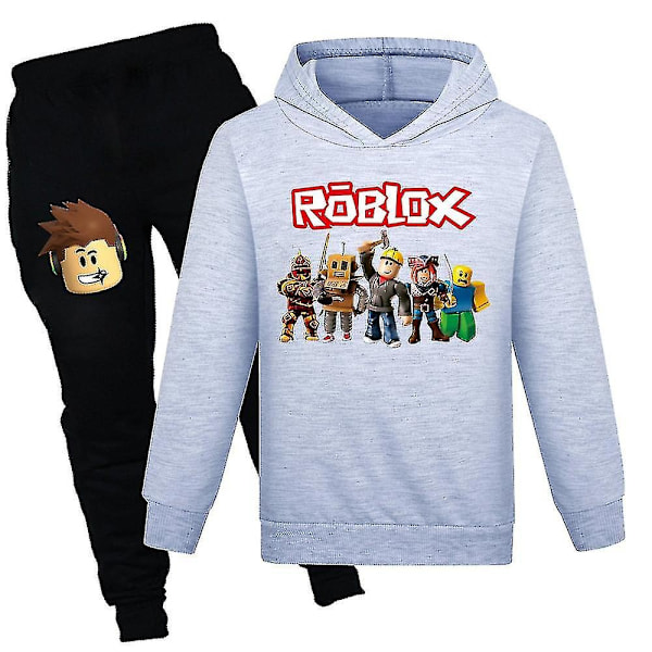 7-14-vuotiaiden lasten ja teini-ikäisten Roblox-collegepaita ja -verryttelyhousut - asusetti - juoksupuku - collegepaita setti - lahjat - WELLNGS Grey 11-12Years