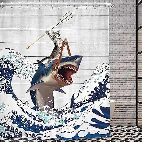 Hauska kissa suihkuverho, viileä kissa dinosaurus japanilainen valtameren aalto sisustus kangas kylpyhuone verhot, lapset maalaismainen puinen kylpyverho-WELLNGS Ymx01 180x210cm-70x83in