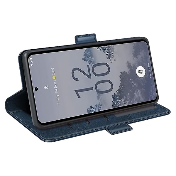 Nokia X30 5G:lle iskunkestävä vasikannahkainen puhelinkotelo, lompakkokotelo läpällä ja jalustalla - WELLNGS Blue