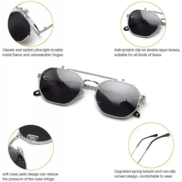 Flip Up Solbriller Menn Kvinner Polariserte Steampunk Flip Solbriller med Doble Linser UBM-WELLNGS Silver Frame-Gray Lens