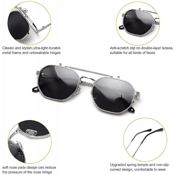 Käännettävät aurinkolasit miehille ja naisille, polarisoidut steampunk-käännettävät aurinkolasit kaksoislinseillä UBM-WELLNGS Silver Frame-Gray Lens