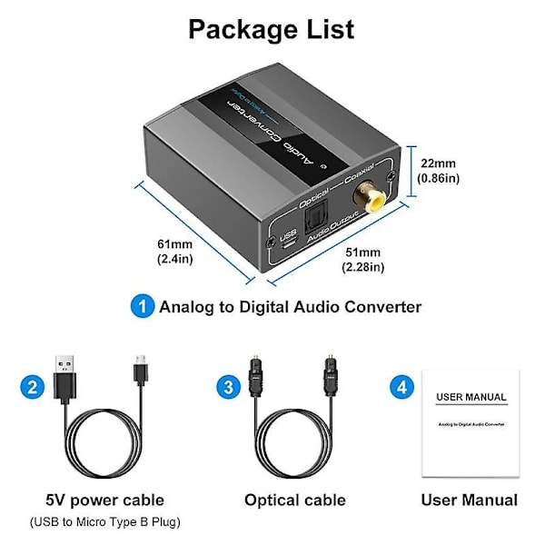 Analog til digital lydkonverter Rca til optisk med optisk kabel lyd digital Toslink og Coaxi-WELLNGS