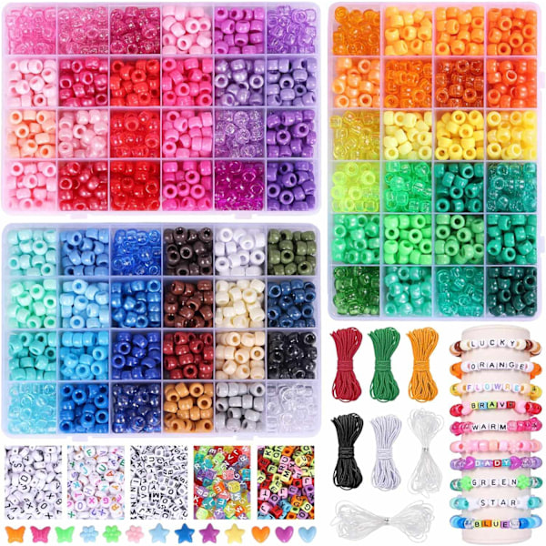 4700 stk., 72 farver ponyperler regnbue kandi perler armbåndsæt, 3600 stk. 9 mm plastikperler og 1000 stk. bogstavperler, Alpha Black-WELLNGS Black 72 colors