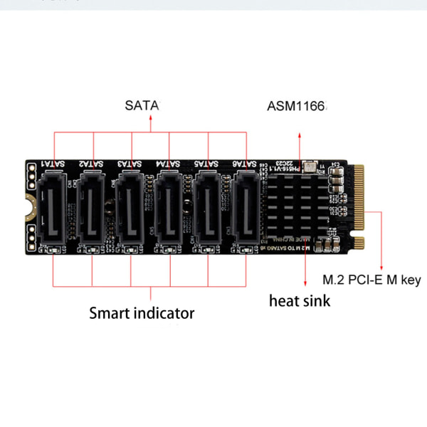 6 portar för M.2 Sata PCIE Riser Card M2 NVME till Sata 3.0 expansionskort ASM1166 6GB/S Adapter 6x SATA3.0 Riser Expansion-WELLNGS