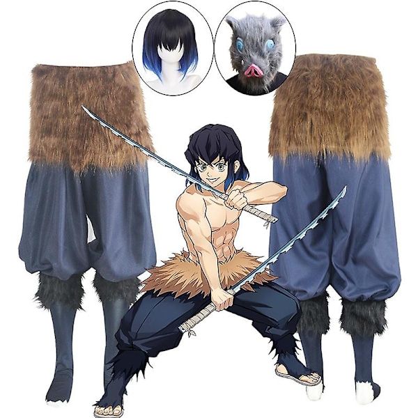 Inosuke Cosplay Demon Slayer Kimetsu No Yaiba Cosplay-asu Anime-asu Yksipuolinen Peruukki Mask Halloween-asu Aikuinen-WELLNGS full set M