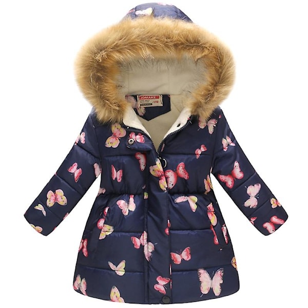 Barn Flickor Faux Päls Krage Huva Parka Jacka Vinter Varm Zip Up Puffer Jacka Ytterkläder-WELLNGS Blue Butterfly 7-8 Years