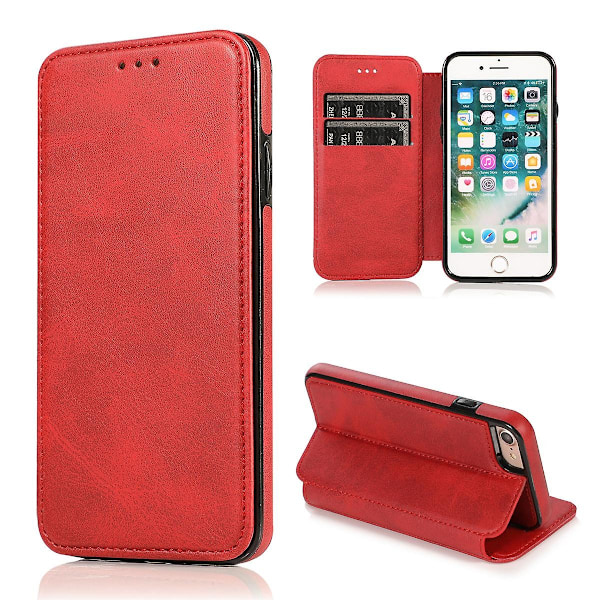 Kompatibel med Iphone 8 Plus Wallet Case med kortholder, støttefod, ultratynd Flip Pu Læder Stødsikkert Cover Kvinder Pink-WELLNGS red