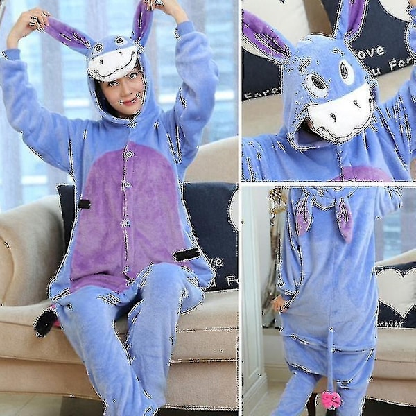 En-delt dyre-plysj pyjamas til voksne og børn - WELLNGS Blue Donkey 176-185CM