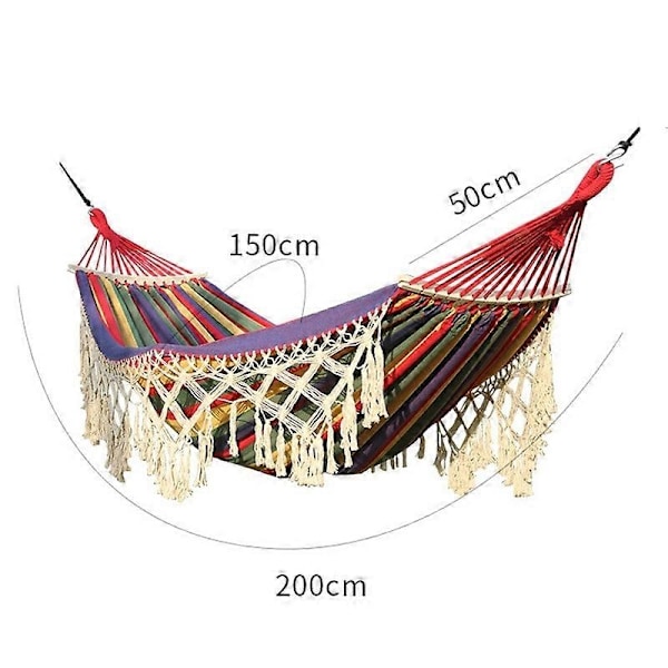 200x150cm Dobbelt Udendørs Camping Hængekøje i Lærred med Kvaster og Pind - WELLNGS Colorful Stripes