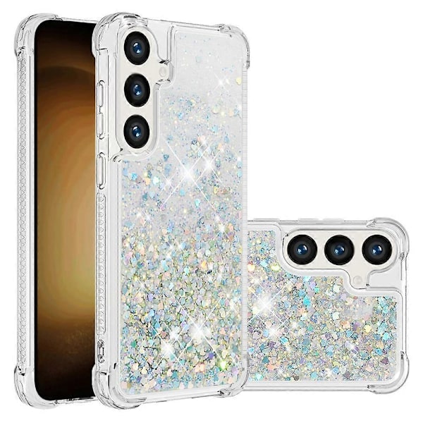 YB Quicksand Series-1 Yhteensopiva Samsung Galaxy S24+ -kotelon kanssa, nestemäiset kelluvat paljetit TPU-suojus - WELLNGS Silver Hearts