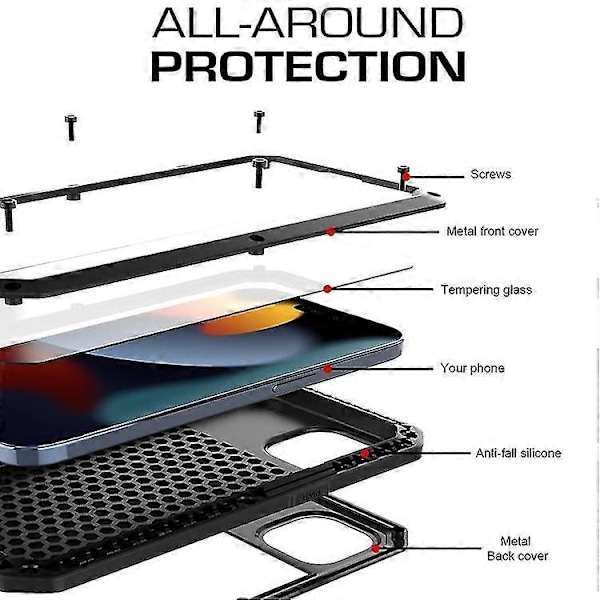 Kompatibel med Iphone 15 Støtsikker Liv Vanntett Støvtett Metall + Silikon Mobiltelefon Deksel-WELLNGS Black 15 Pro Max