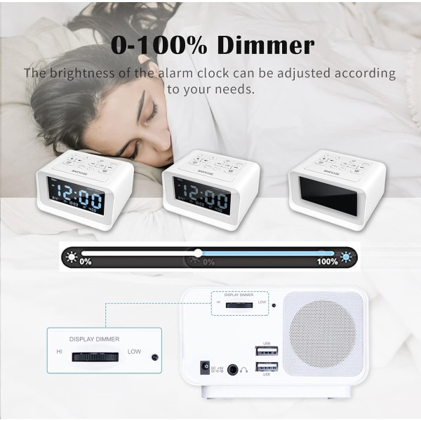 Dobbelt vækkeurradio, digitalt vækkeur med 2 USB-opladningsporte, (hvid)-WELLNGS