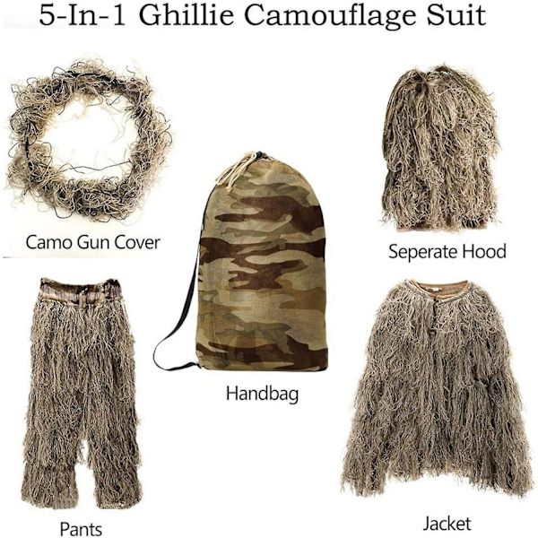 5 i 1 Ghillie-dragt, 3D Camouflage Jagttøj Inklusive Jakke, Bukser, Hætte, Bærepose-WELLNGS YEL
