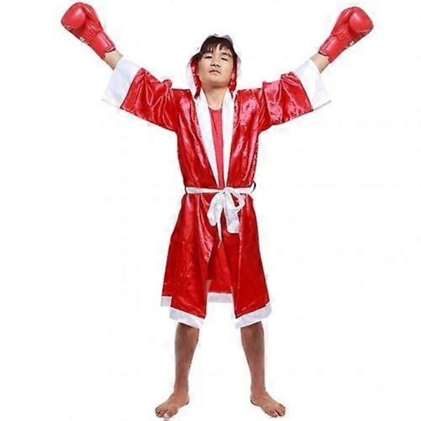 Bokserobe for menn MMA Boksing Muay Thai Menn Hettelong Erme Kappe Robe Uniform Kostyme - WELLNGS Red XXL