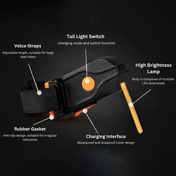 Ladattava LED-pyörän takavalo, erittäin kirkas LED-varoitusvalo maastopyörään, pyöränvalo, polkupyörä - WELLNGS orange
