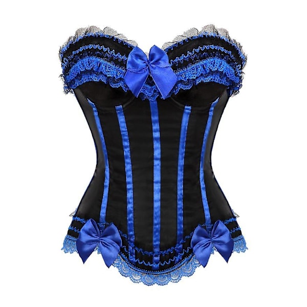 Sexig satin spetsöverlag korsett Bustier Overbust Burlesque korsett topp Bodyshaper underkläder Showgirl festdräkt Plus Size-WELLNGS 8068 Blue XXL