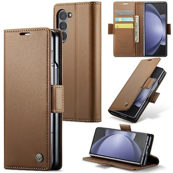 För Samsung Galaxy Z Fold5 CaseMe 023 Fjärilspänne Lychee Grain RFID Stöldskydd Läder Telefonfodral-WELLNGS Brown