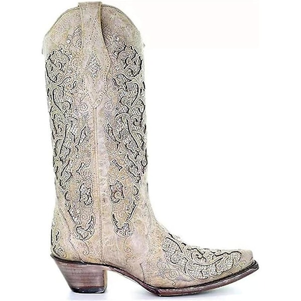 Naisten Teräväkärkiset Glitter-Hääkirjonta-Saappaat Kristalli Naiset Cowboy-Saappaat - WELLNGS WHITE 41