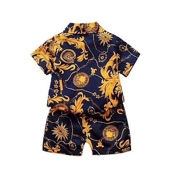 Toddler Little Boys Summer Outfits, Hawaiian Floral T-Shirt Shorts Set-WELLNGS COLOR 6 90cm