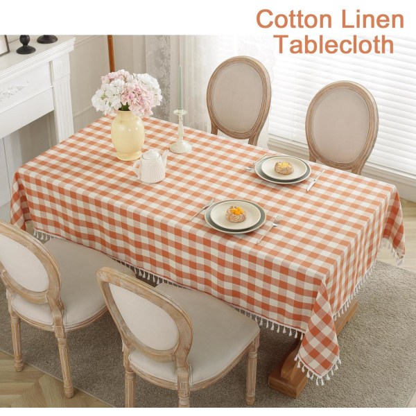 Square Tablecloth Washable Plaid Tablecloth with Tassels Cotton Linen, for Picnic Kitchen Dining Room, Orange, Rectangle, 55" x 86", 6-8 Seats-WELLNGS