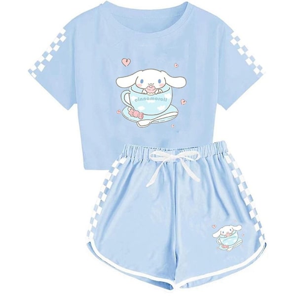 5-14-vuotiaiden tyttöjen ja poikien Cinnamoroll-kuvioidut lyhythihaiset T-paidat + shortsit urheiluasut Set-WELLNGS Light Blue 7-8 Years