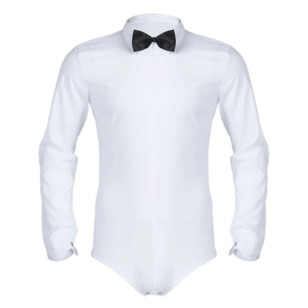 Miesten vetoketjullinen latinalaistanssipaita rusettilla, yksivärinen haalaripaita, miesten latinalaistanssiasut, pitkähihaiset vartalopaidat - WELLNGS White XL