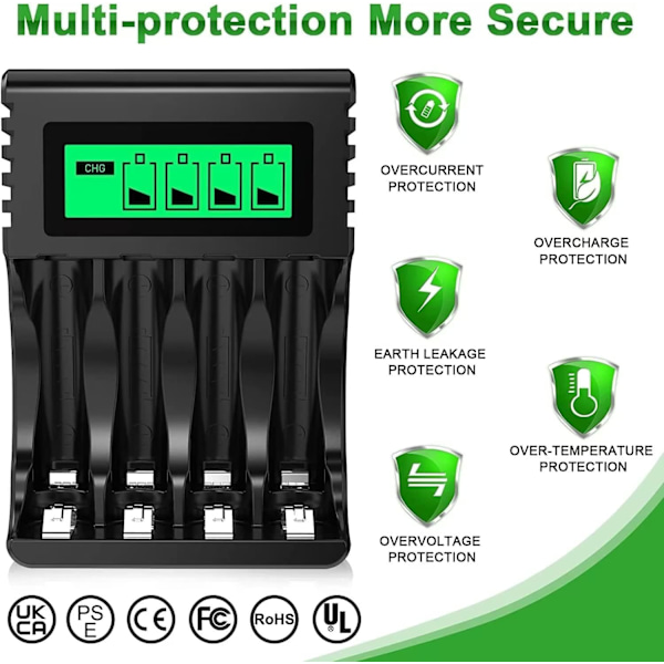 Laddningsbar batteriladdare snabbladdare, Ni-MH/Ni-CD AA/AAA LCD, separat kortplats och USB-snabbladdning-WELLNGS