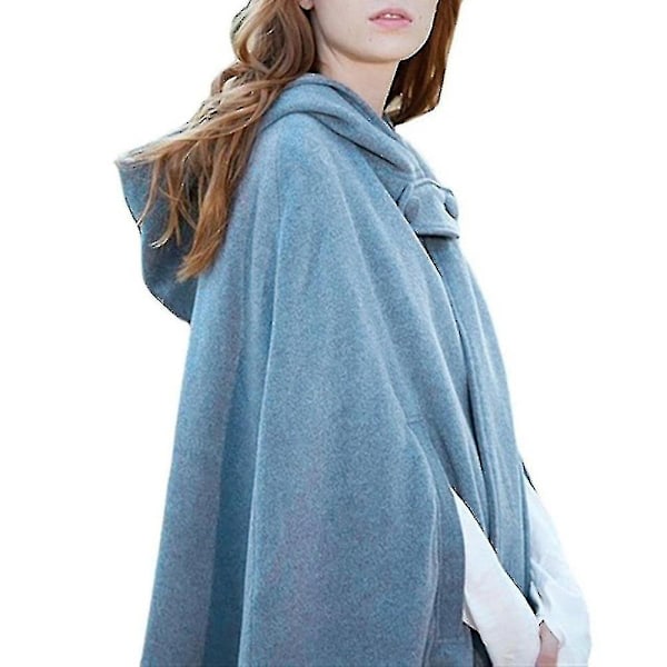 Dame Hætteklædt Kappe Poncho Frakke Jakke Løs Afslappet Overtøj Vinter-WELLNGS Light Blue M