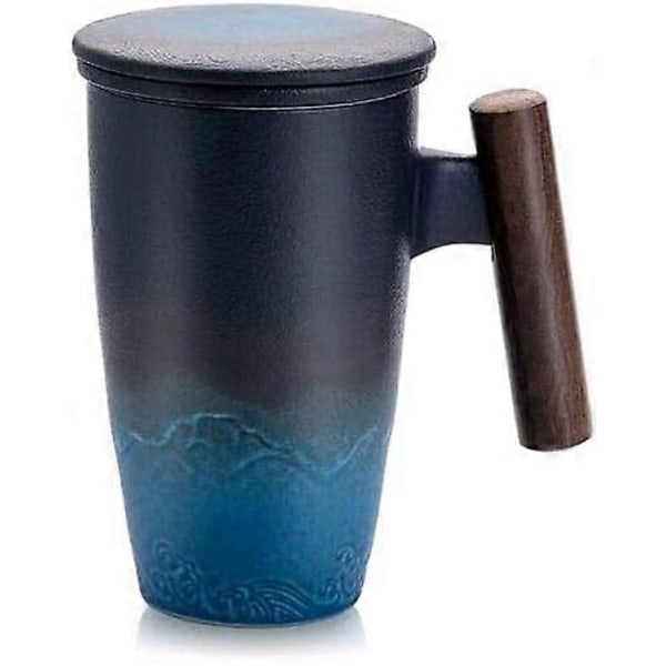 Tekop med låg, porcelænskop med rustfrit stål te-infuser, gradient farve stor keramisk tekop, velegnet til kontor og hjemmebrug - WELLNGS Black Cyan Gradient