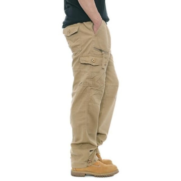 Herre Multi-Pocket Løs Bomull Casual Arbeidsbukse-WELLNGS Khaki 3XL